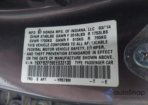 2014 Honda Civic Lx из США, поврежденный, VIN 19XFB2F59EE033130